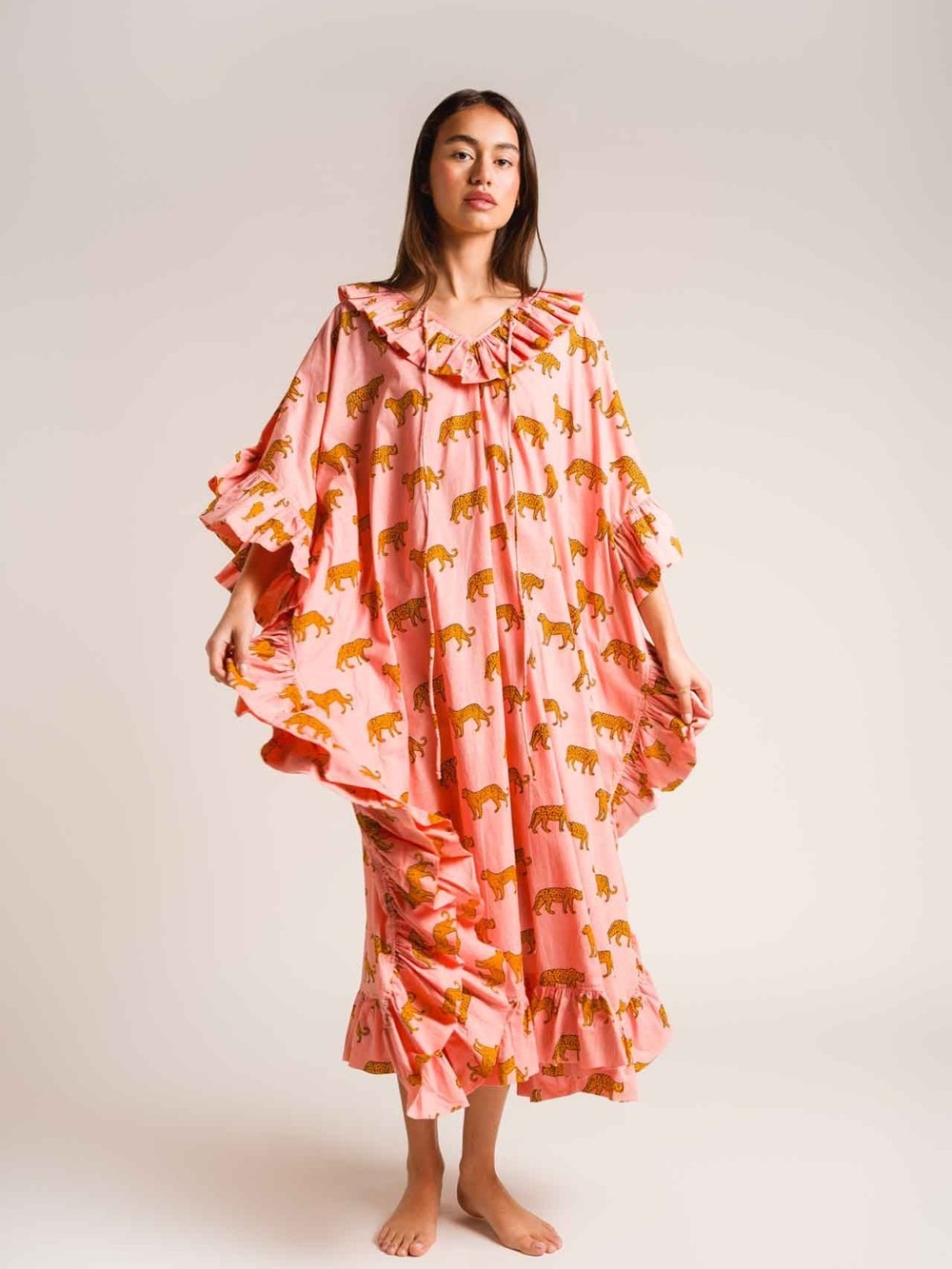 NWT.Pink Tiger Print Caftan with Ruffle Details. O/S. All Cotton. Machine Wash.